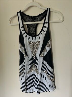 EXPRESS Sequin Geometric Racerback Tank - Black & White